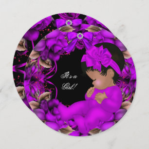 Invitation Baby shower afro-américain fille violet Rose R3