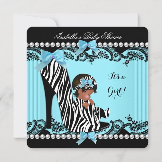 Invitation Baby shower afro-américain fille Zebra Turquoise (Devant)
