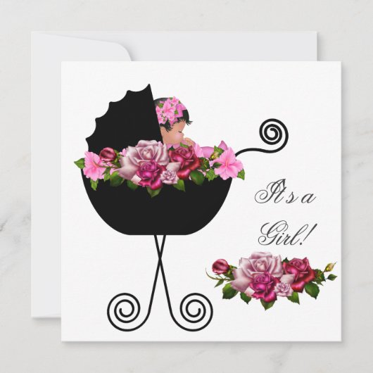 Invitation Baby shower afro-américain mignonne fille rose ros (Devant)