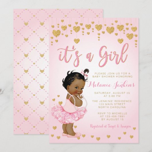 Invitation Baby shower afro-américaine en or rose (Devant / Derrière)