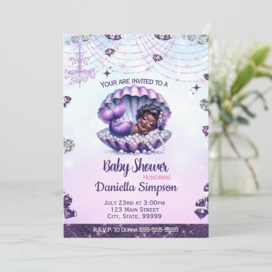 Invitation Baby shower Afro Mermaid (Debout devant)
