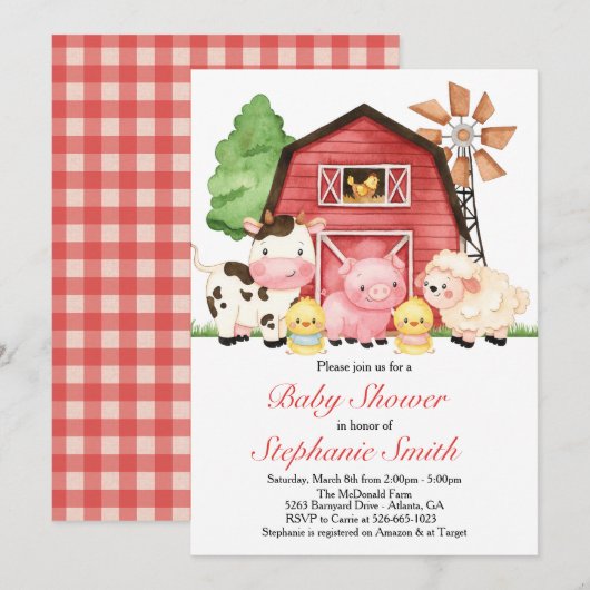 Invitation Baby shower agricole, Baby shower Barnyard (Devant / Derrière)