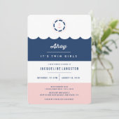 Invitation Baby shower Ahoy Twin Girls de la marine nautique (Debout devant)