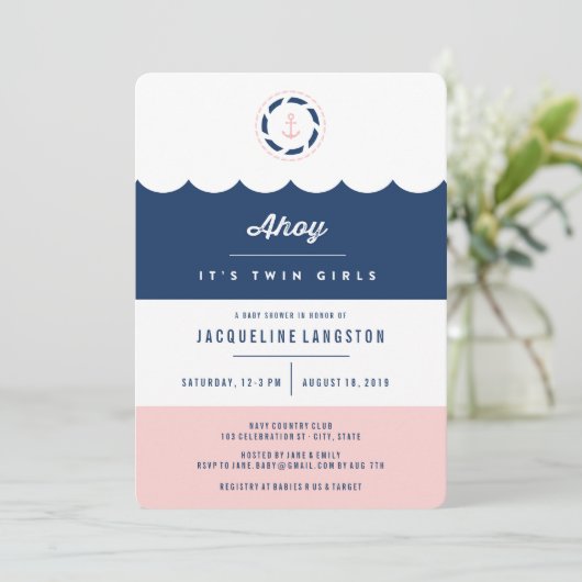 Invitation Baby shower Ahoy Twin Girls de la marine nautique (Debout devant)