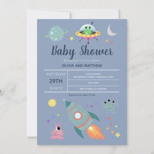 Invitation Baby shower Alien de fusée Boys mignon Blue Space (Devant)