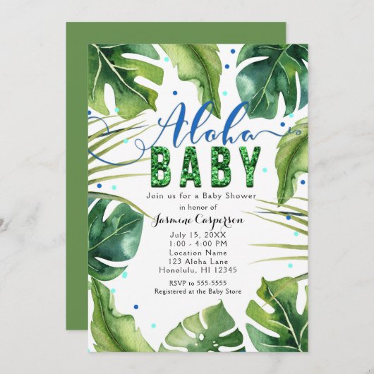 Invitation BABY SHOWER ALOHA Feuilles tropicaux bleu vert (Devant / Derrière)