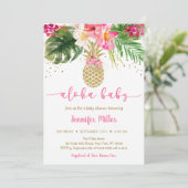 Invitation Baby shower Aloha Floral Pineappa Rose Or (Debout devant)