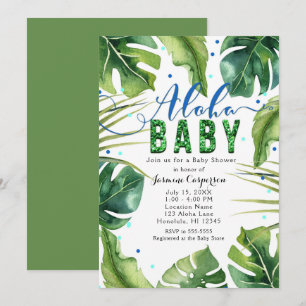 Invitation Baby Shower ALOHA Tropical Leaves Bleu Vert