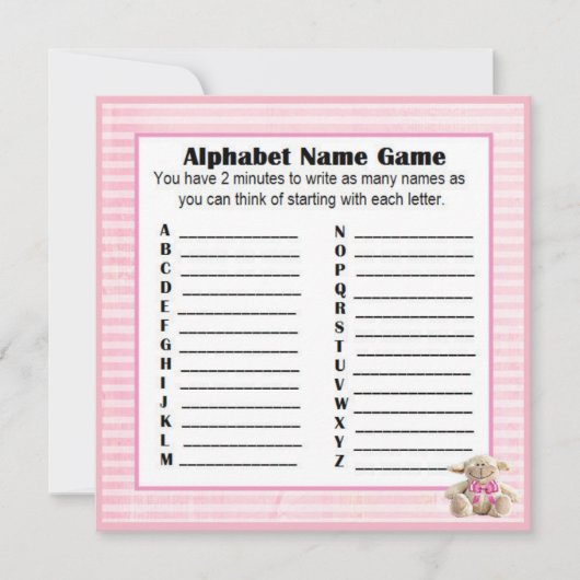 Invitation Baby shower Alphabet Nom et jeu de Bingo Agneau ro (Devant)