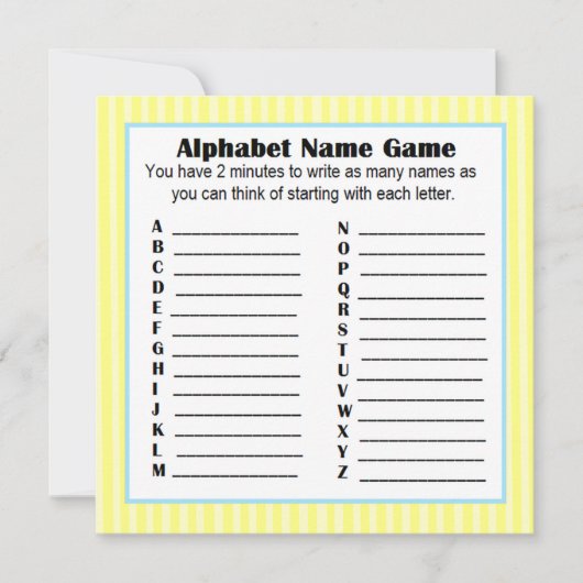Invitation Baby shower Alphabet Nom Jeu BINGO Jaune & Bleu (Devant)