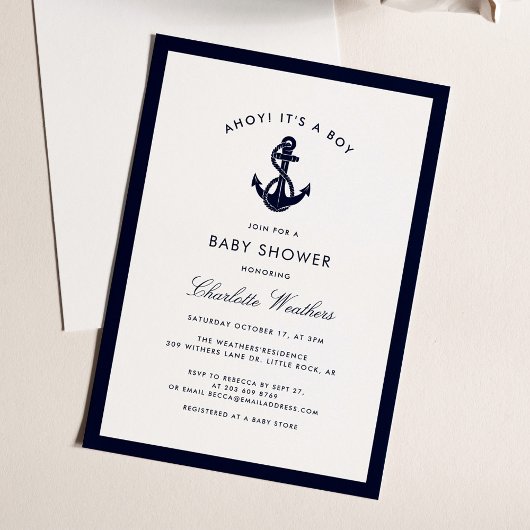 Invitation Baby shower Ancre bleu marine