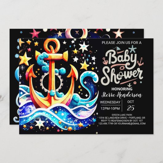 Invitation Baby shower Ancre Boho Ahoy (Devant / Derrière)