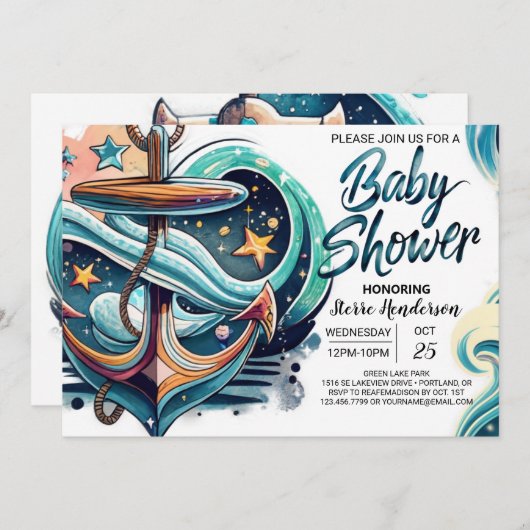 Invitation Baby shower Ancre des vagues chic (Devant / Derrière)
