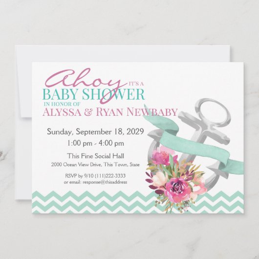 Invitation Baby shower Ancre floral nautique (Devant)