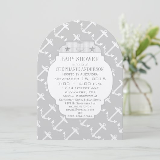 Invitation Baby shower Ancre gris marine (Debout devant)