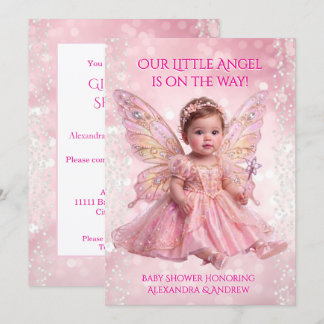 Invitation Baby shower ange ailes de fée rose or