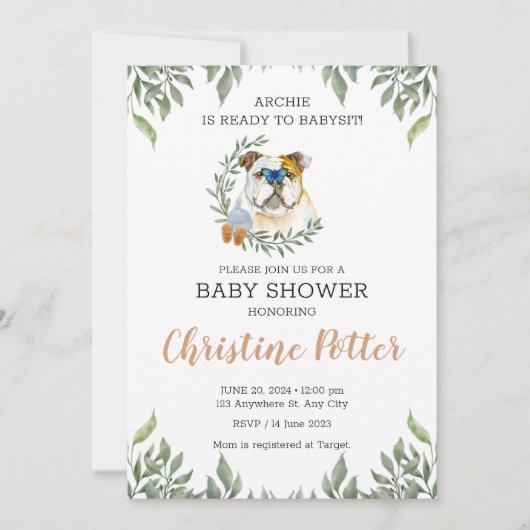 Invitation Baby shower anglais Bulldog Dog Greenery Boho (Devant)