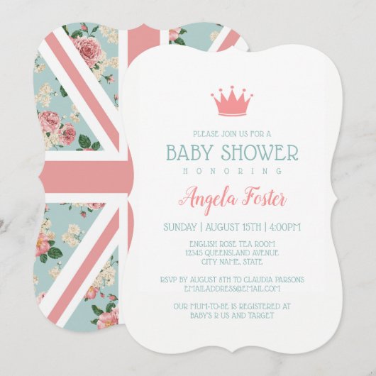 Invitation Baby shower anglais d'Union Jack de roses (Devant / Derrière)