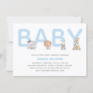 Invitation Baby shower animal bleu moderne