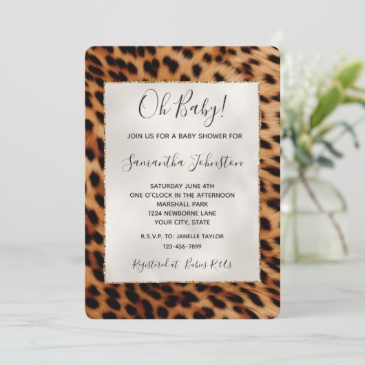 Invitation Baby shower animal Brown Safari Leopard (Debout devant)