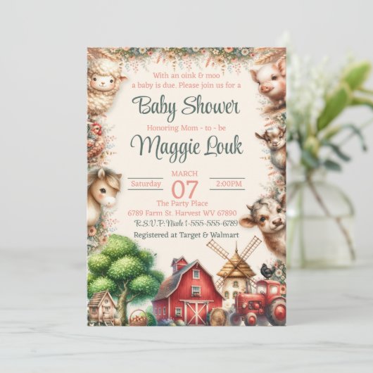 Invitation Baby shower animal de ferme Barnyard (Debout devant)