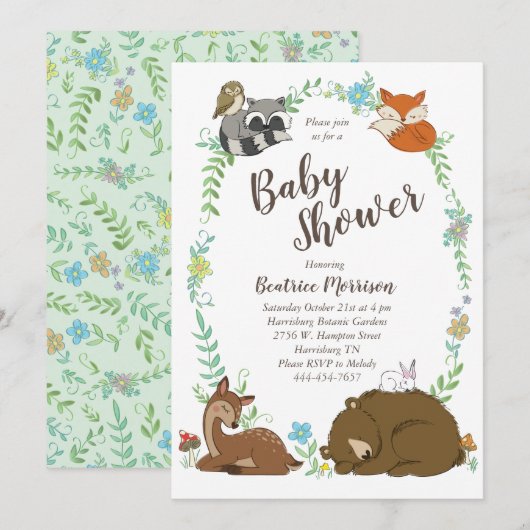 Invitation Baby shower animal de forêt amis de la forêt (Devant / Derrière)
