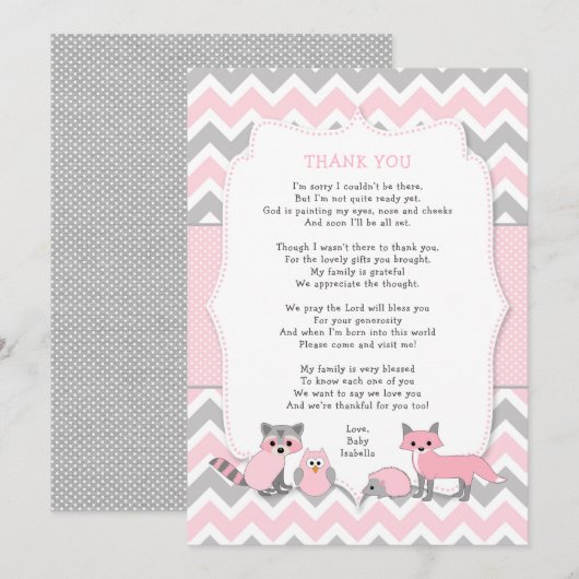 Invitation baby shower animal de forêt rose merci (Devant / Derrière)