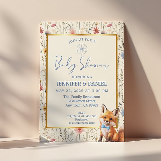Invitation Baby shower animal de la forêt bleue de Boho doux