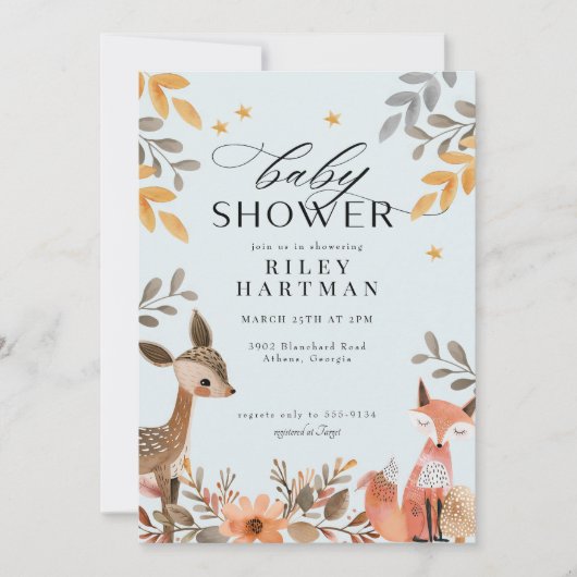 Invitation Baby shower animal de la forêt de mûte Boho (Devant)