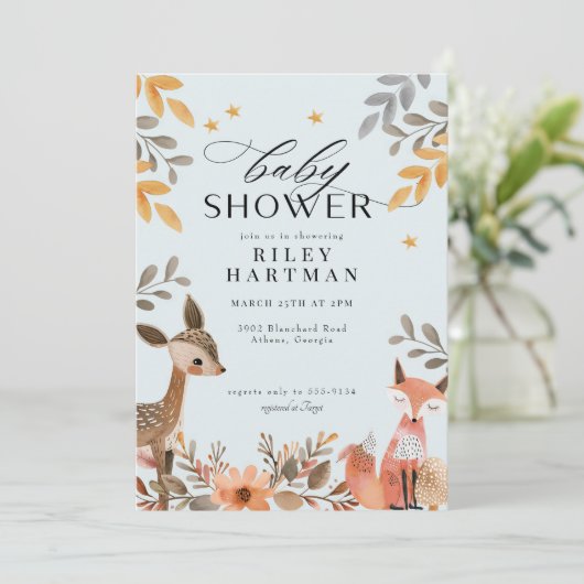 Invitation Baby shower animal de la forêt de mûte Boho (Debout devant)