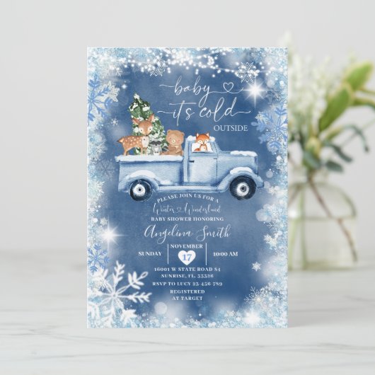 Invitation Baby shower animal de la forêt de Snowflake blanc (Debout devant)