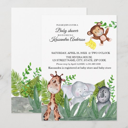 Invitation Baby shower animal de la jungle mignonne (Devant / Derrière)