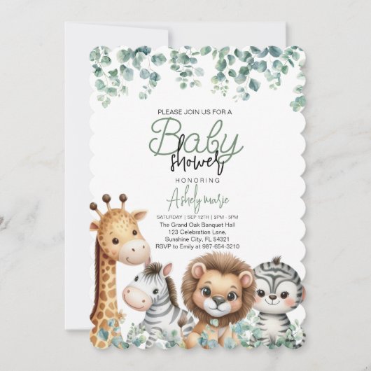Invitation Baby shower animal, Fleur Eucalyptus (Devant)