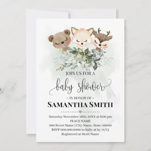 Invitation Baby shower animal forestier Animaux boisés (Devant)