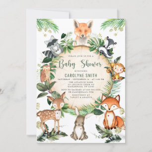 Invitation Baby shower animal rustique vert mou bois
