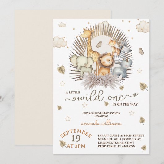 Invitation Baby shower animalier Jungle Safari (Devant / Derrière)