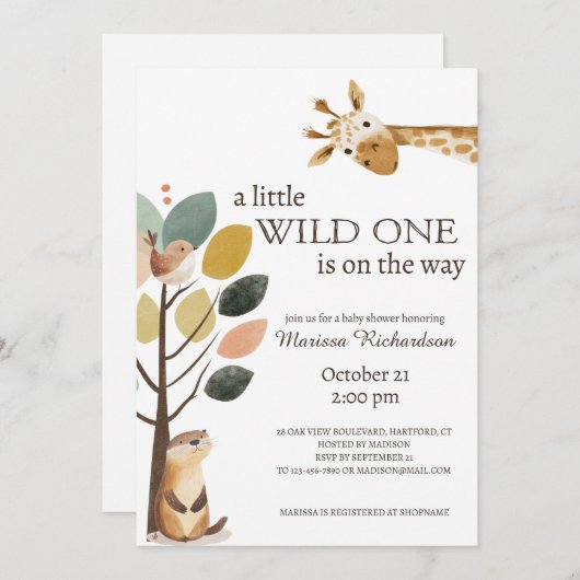 Invitation Baby shower animalier Little Wild One (Devant / Derrière)