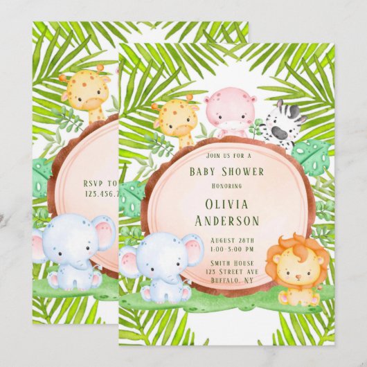Invitation Baby shower animalier Safari Jungle (Devant / Derrière)