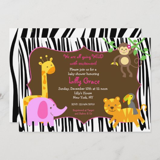 Invitation Baby shower animalier Zebra Print Jungle (Devant / Derrière)
