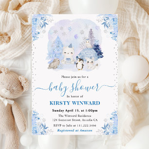 Invitation Baby Shower Animaux Arctiques Hiver Aquarelle