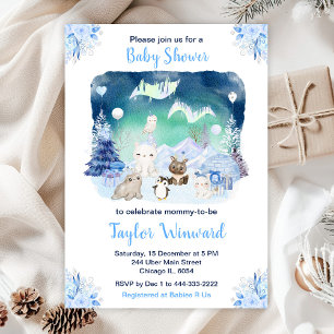 Invitation Baby Shower Animaux Arctiques Lumières du Nord
