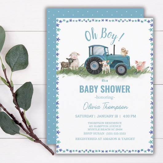 Invitation Baby shower Animaux de ferme Tracteur Garçon