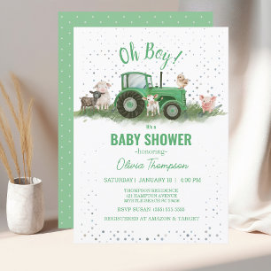 Invitation Baby shower Animaux de ferme Tracteur vert Garçon
