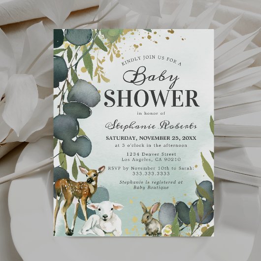 Invitation Baby Shower Animaux de la Forêt d'Eucalyptus