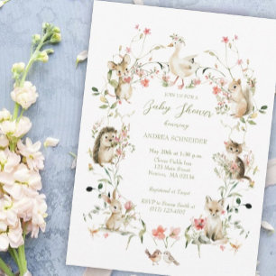 Invitation Baby Shower Animaux de la Forêt Fleur Sauvage Aqua