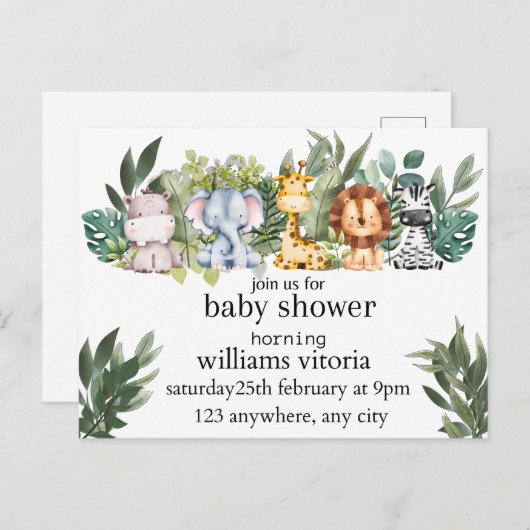 invitation baby shower, animaux, safari (Devant / Derrière)