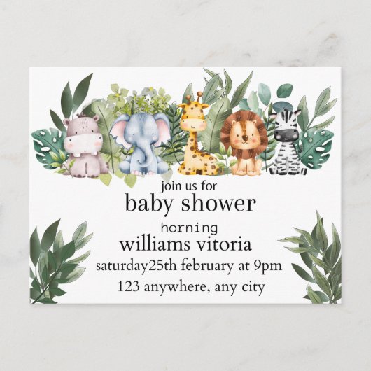 invitation baby shower, animaux, safari (Devant)