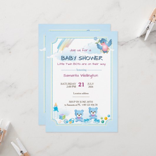 Invitation baby shower announcement for TWIN BOYs (Devant/Arrière en situation)