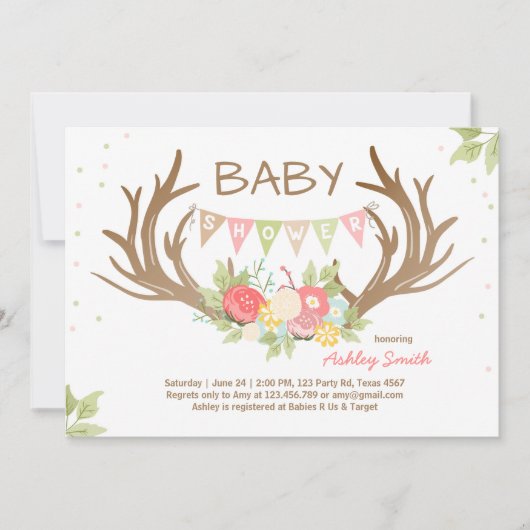 Invitation Baby shower Antler Deer Bois Floral (Devant)