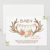 Invitation Baby shower Antler Deer Bois Floral (Devant / Derrière)